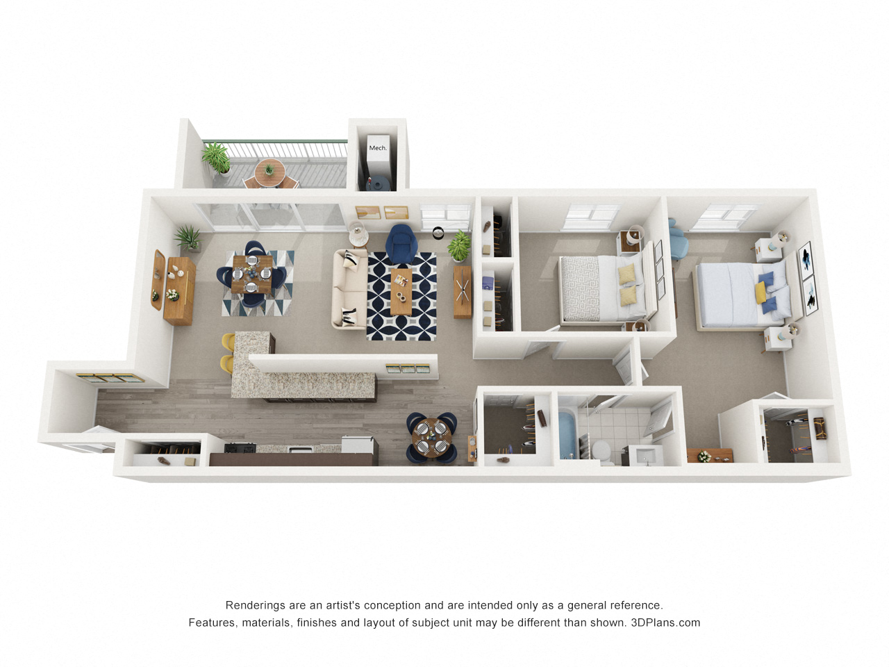 Floor plan for 2 beds, 1 bath, 1015 sqft